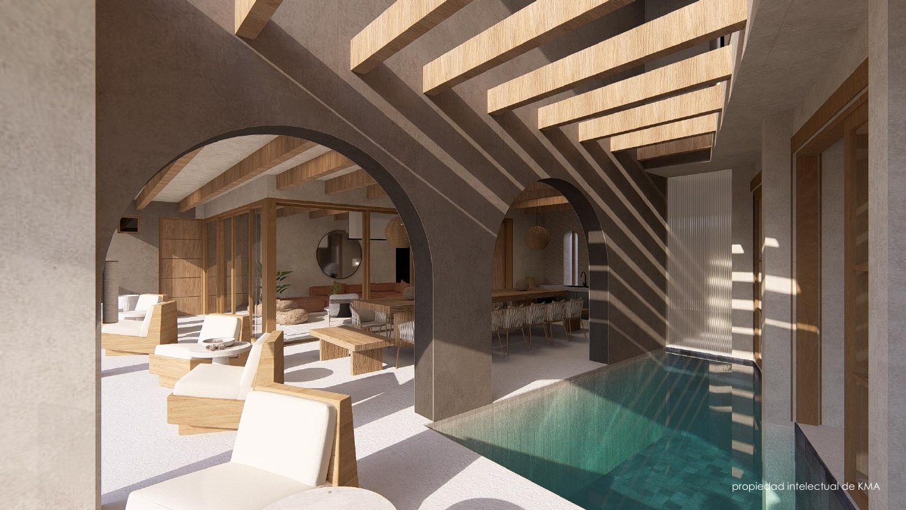 The courtyard pool drawn inside the plan of the compound