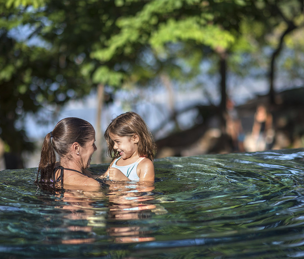 The beach club and swimmable bay at Playa Danta