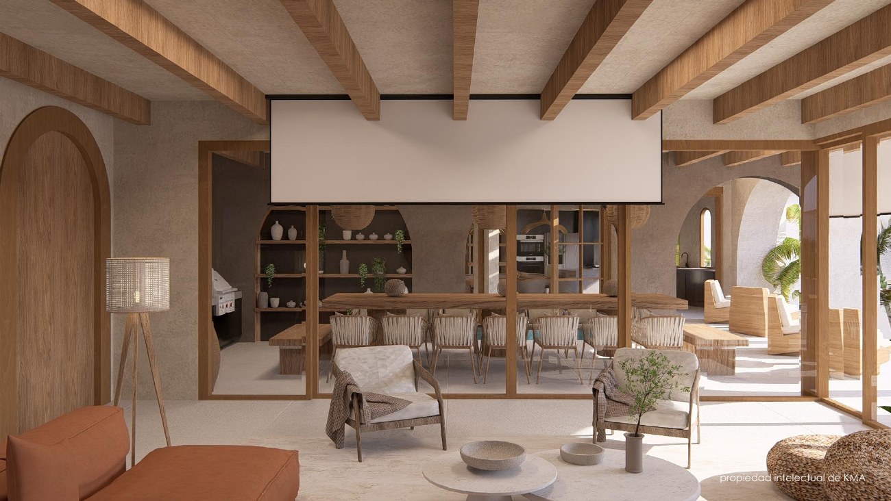KMA Design Group render of the great room with timber beams and open kitchen