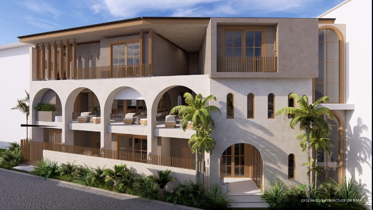 Arcades and terraces of the compound framed by palms