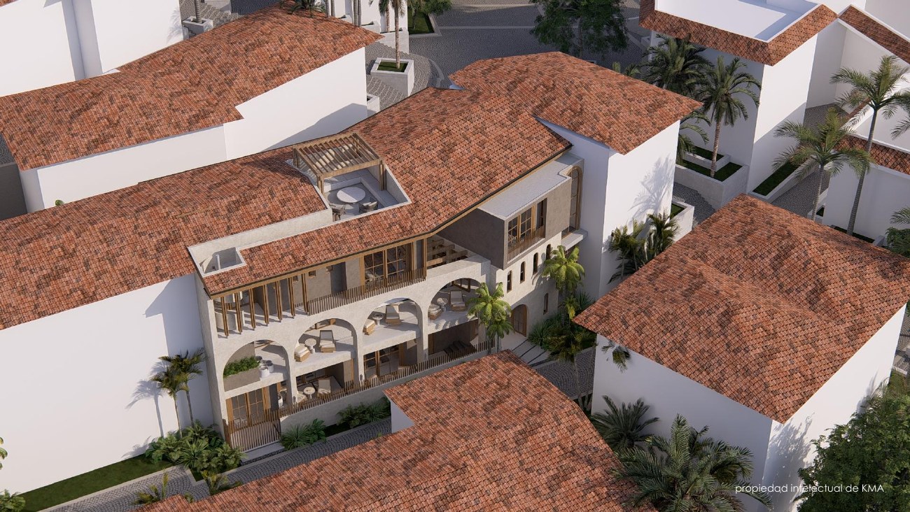 Aerial KMA Design Group render of the two wings and central courtyard